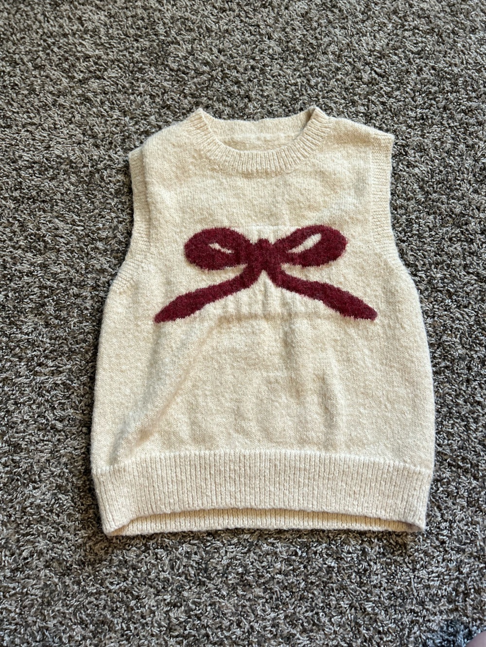 Cream Women's Sweater with Burgundy Bow Motif